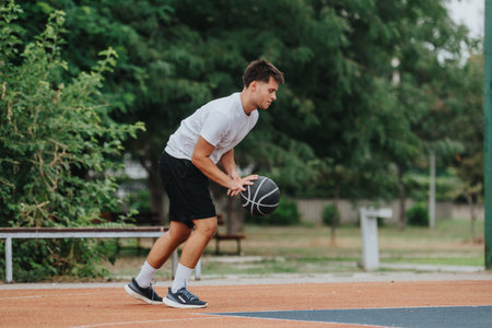 Young man dribbling a basketball on an outdoor court during a sunny dayの写真素材