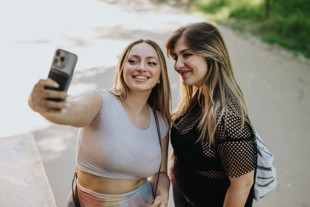 Two female friends enjoying outdoor time together, smiling and capturing a selfieの写真素材