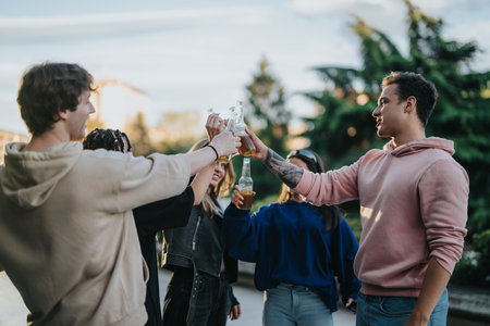 Group of friends toasting with drinks outdoors in a relaxed atmosphereの写真素材