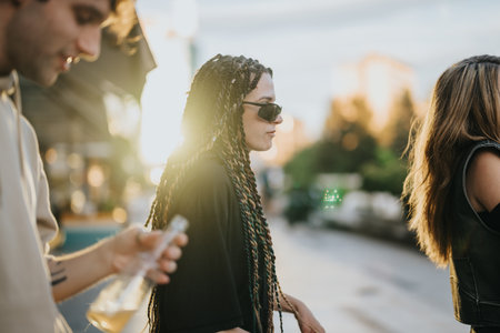 Friends enjoying time outdoors together with sunny background and modern attireの写真素材