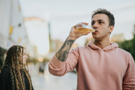 Young man enjoying a drink while standing outdoors with a friend in focusの写真素材