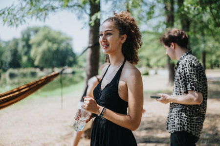 Young woman in black dress chatting outdoors by the lake with friends on a sunny day