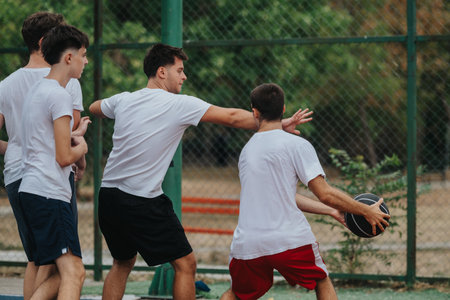Group of young men playing basketball on an outdoor court, practicing teamwork and passing.
