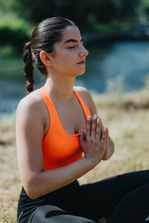 Young woman meditating outdoors near a calm riverside in serene environmentの写真素材