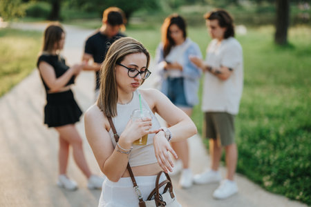 Young woman looking at her watch while friends gather in a parkの写真素材