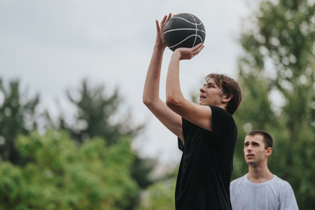 Young man shoots basketball outdoors while teammate watches in a park settingの写真素材