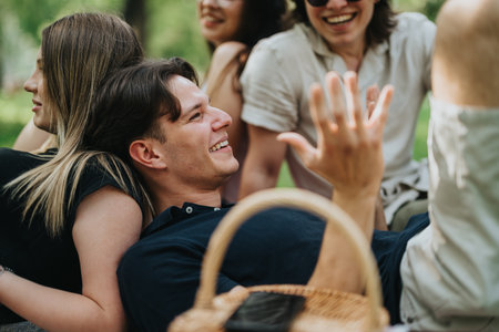 Friends sharing fun moments together in a warm outdoor park settingの写真素材
