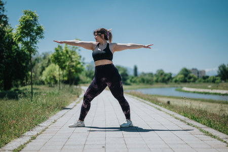 Woman practicing yoga outside on a sunny day in natureの写真素材