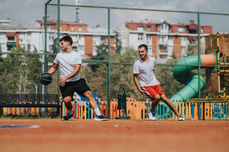 Two men playing basketball on an outdoor court with a colorful playground and buildings in the backgroundの写真素材