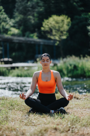 Woman meditating by a serene river in a lush green settingの写真素材
