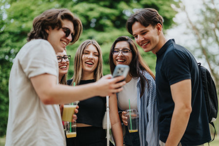 Group of young friends enjoying time together outdoors in a parkの写真素材