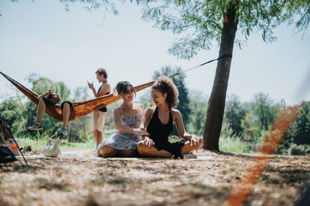 Friends enjoying a sunny park day with hammock, picnic, and relaxed conversation