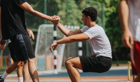 Friends on a sports field share a high-five after teamwork and outdoor trainingの写真素材