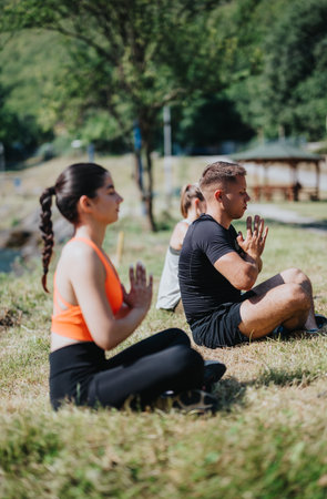 Group practicing meditation in nature near a serene outdoor settingの写真素材
