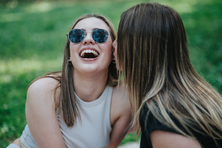 Two women sharing a fun moment together in a sunny outdoor parkの写真素材
