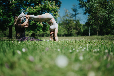 Two women practicing acroyoga and exercising outdoors in a sunny parkの写真素材