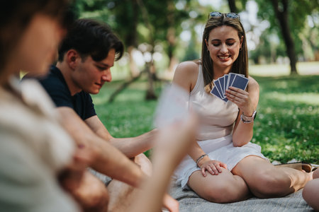 Friends enjoying a game of cards together in a serene green parkの写真素材