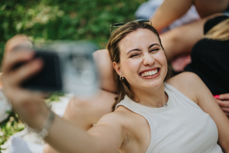 Smiling young woman taking a selfie at an outdoor park gatheringの写真素材
