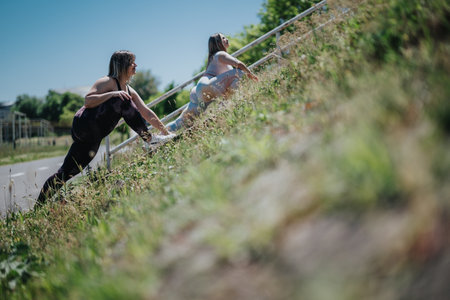 Two women stretching outdoors on a hillside during a fitness sessionの写真素材