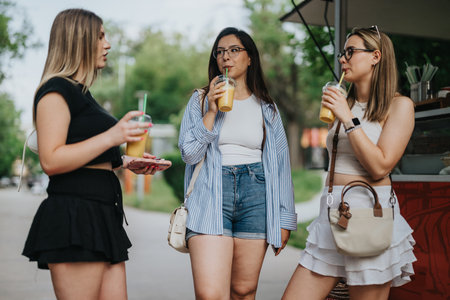 Three friends enjoying a casual conversation and refreshing drinks outdoorsの写真素材