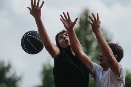 Two young men compete for the basketball in an intense outdoor game, capturing a moment of effort and teamworkの写真素材