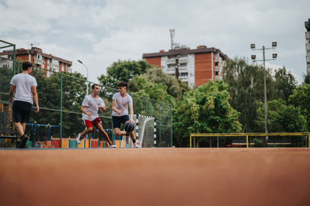 Three friends play basketball on an outdoor court in an urban park setting