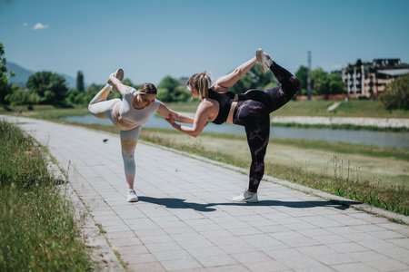 Two women performing yoga poses together outdoors by a scenic river pathwayの写真素材