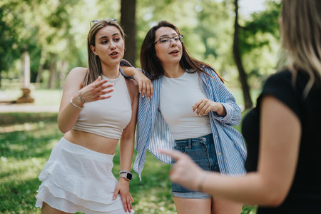 Group of friends casually talking in a scenic park environmentの写真素材