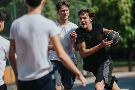 Young men play basketball on an outdoor court with teamwork, energy, and competitive spirit