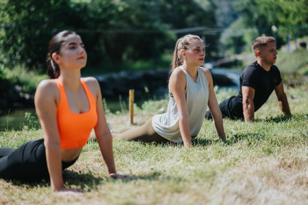 Yoga practitioners performing poses on a grassy landscape by a serene riverの写真素材