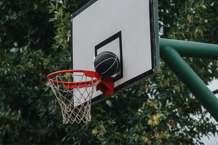 Basketball hoop with ball through net on outdoor court under lush trees for sport and recreationの写真素材