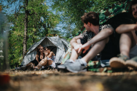 Friends enjoy a sunny forest campsite in a cozy tent, sharing smiles and laughterの写真素材
