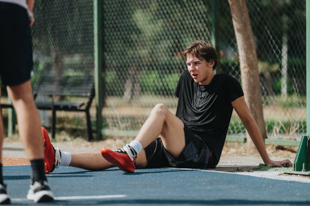 Young athlete sits on a blue running track after training, resting during an outdoor fitness sessionの写真素材
