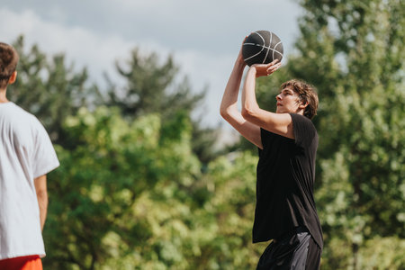 Athlete in black shirt shoots basketball outdoors during sunny day training sessionの写真素材