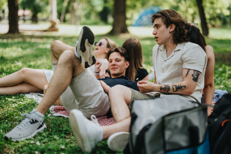 Group of friends relaxing together on a picnic in a sunny parkの写真素材