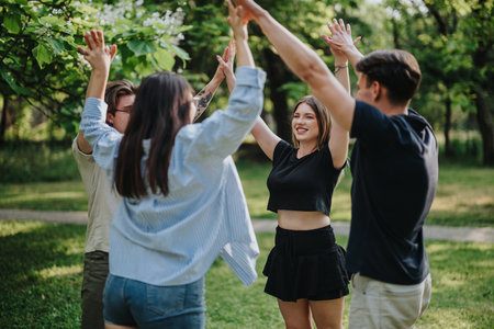 Group of friends enjoying outdoor activities in a sunny parkの写真素材