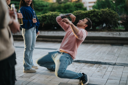 Playful friends enjoying outdoor fun with creative movesの写真素材