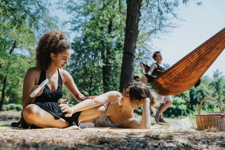 Friends enjoy a sunny park picnic with a hammock, blanket, and basket under treesの写真素材