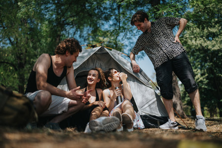 Friends enjoy a sunny camping trip, laughing around a tent in the park togetherの写真素材