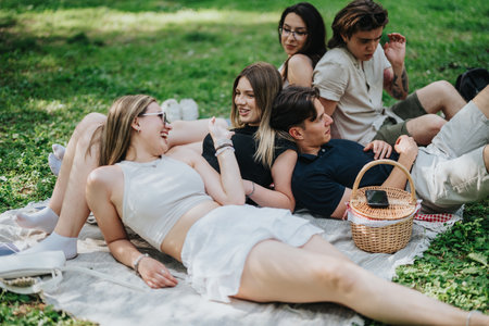 Group of friends enjoying a relaxing picnic in a sunny park settingの写真素材