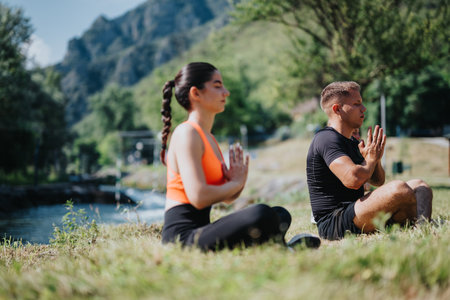 Two persons practicing yoga by a serene river with a green backdropの写真素材