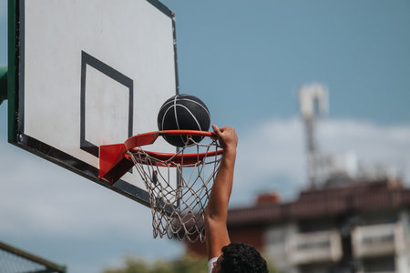 Outdoor basketball scene, a player reaches for the hoop as a ball nears the rim in an urban court