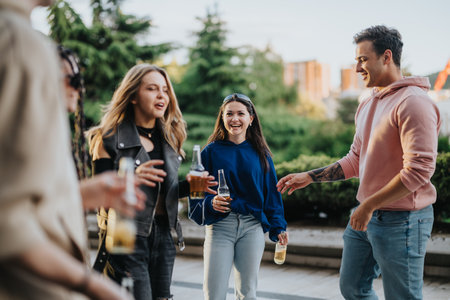 Group of friends enjoying an outdoor gathering with drinks in a lively settingの写真素材