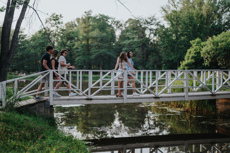 Group of young friends crossing a wooden bridge in a natural park setting