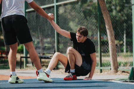 Two young athletes share a high five after training on the track during outdoor practiceの写真素材
