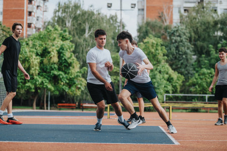 Friends play basketball on an outdoor court during a sunny day in the parkの写真素材