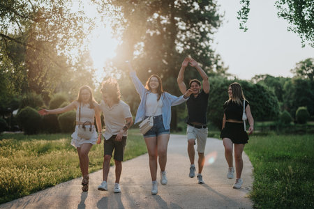 Group of friends enjoying a sunny day in the park, walking and smiling.の写真素材