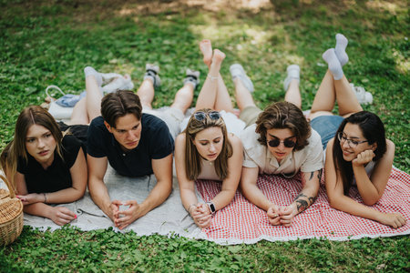 Group of friends enjoying a picnic outdoors in the park together