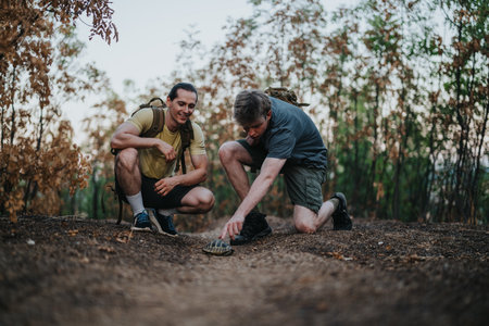 Two hikers explore a forest trail, kneeling to observe a turtle on the ground during adventureの写真素材