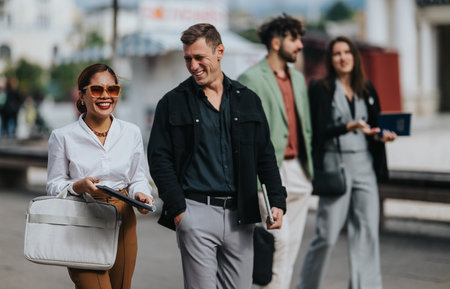 Happy group of business friends walking together in a city street, smiling and carrying foldersの写真素材